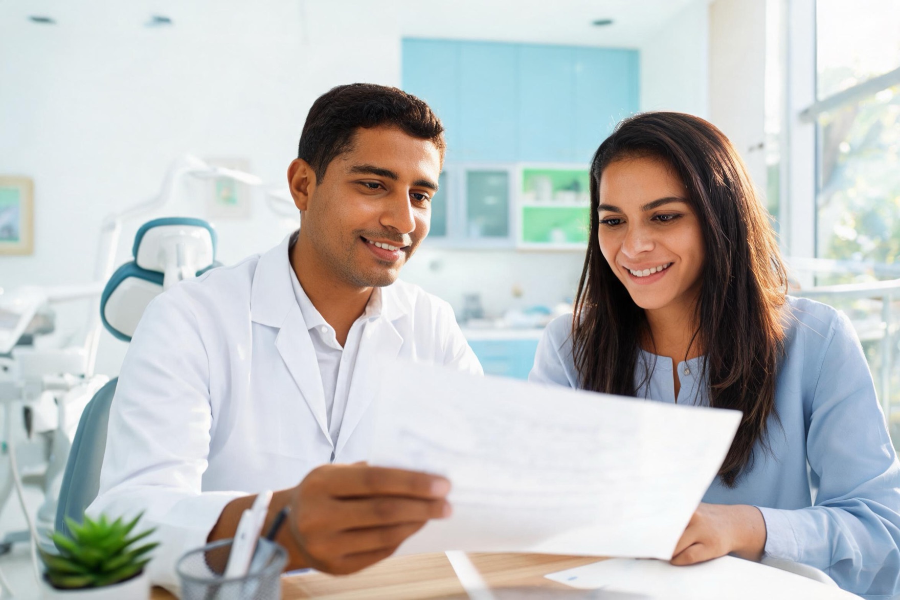 Dentista presentando un plan de tratamiento a una paciente