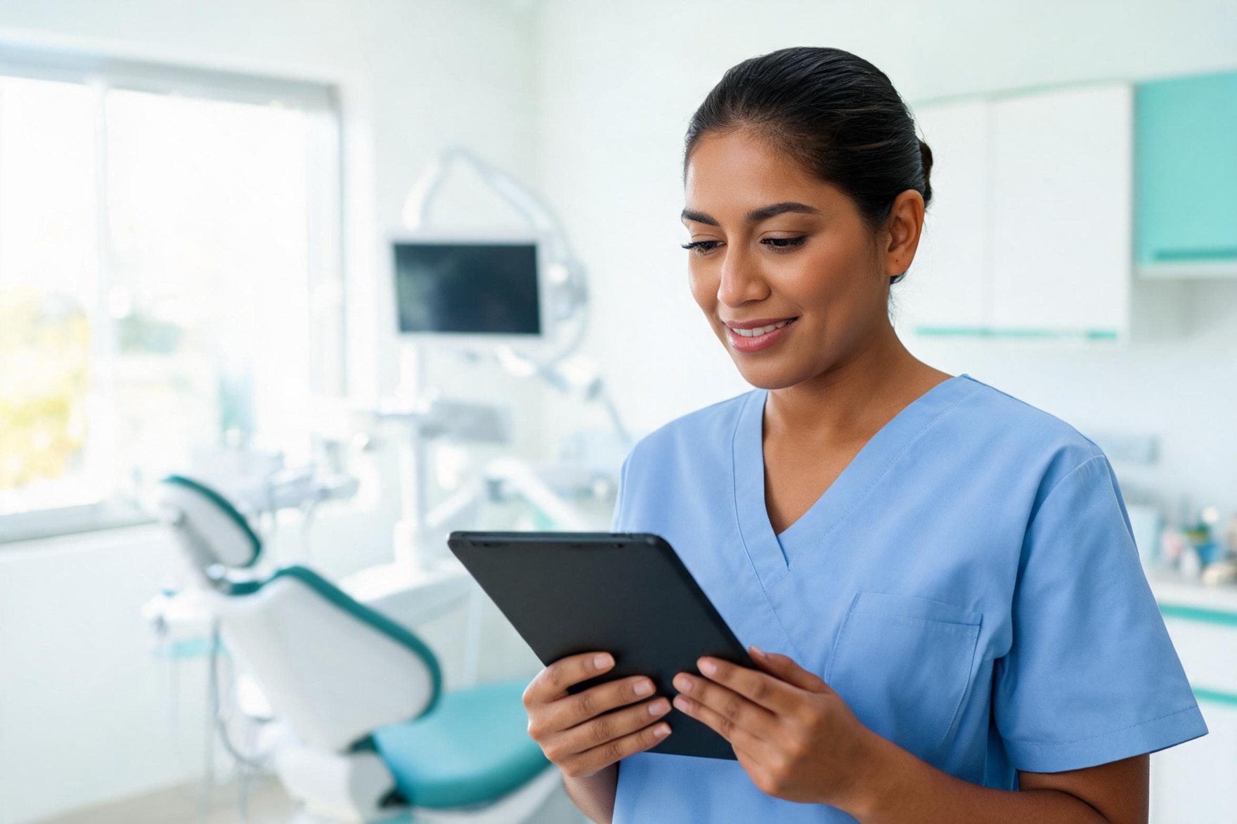 Dentista revisando el expediente de un paciente en una tablet